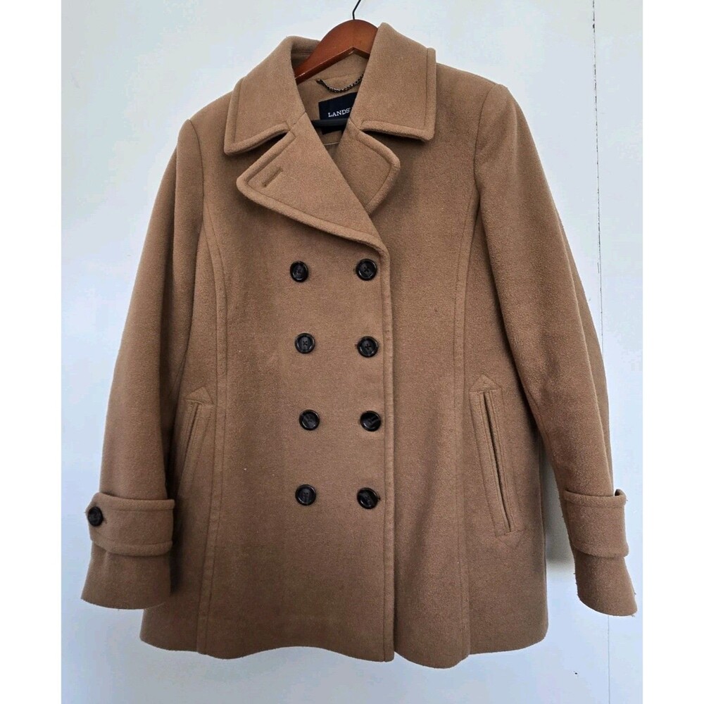 Lands End Coat Womens M Double Breasted Brown Wool Blend Winter Old Money Classy